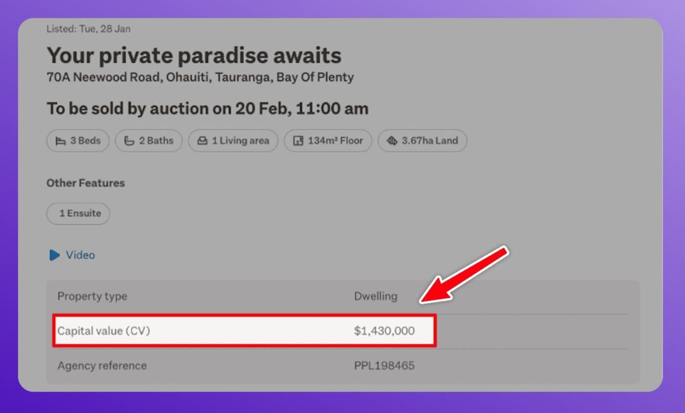 Trade Me listing showing a property’s CV